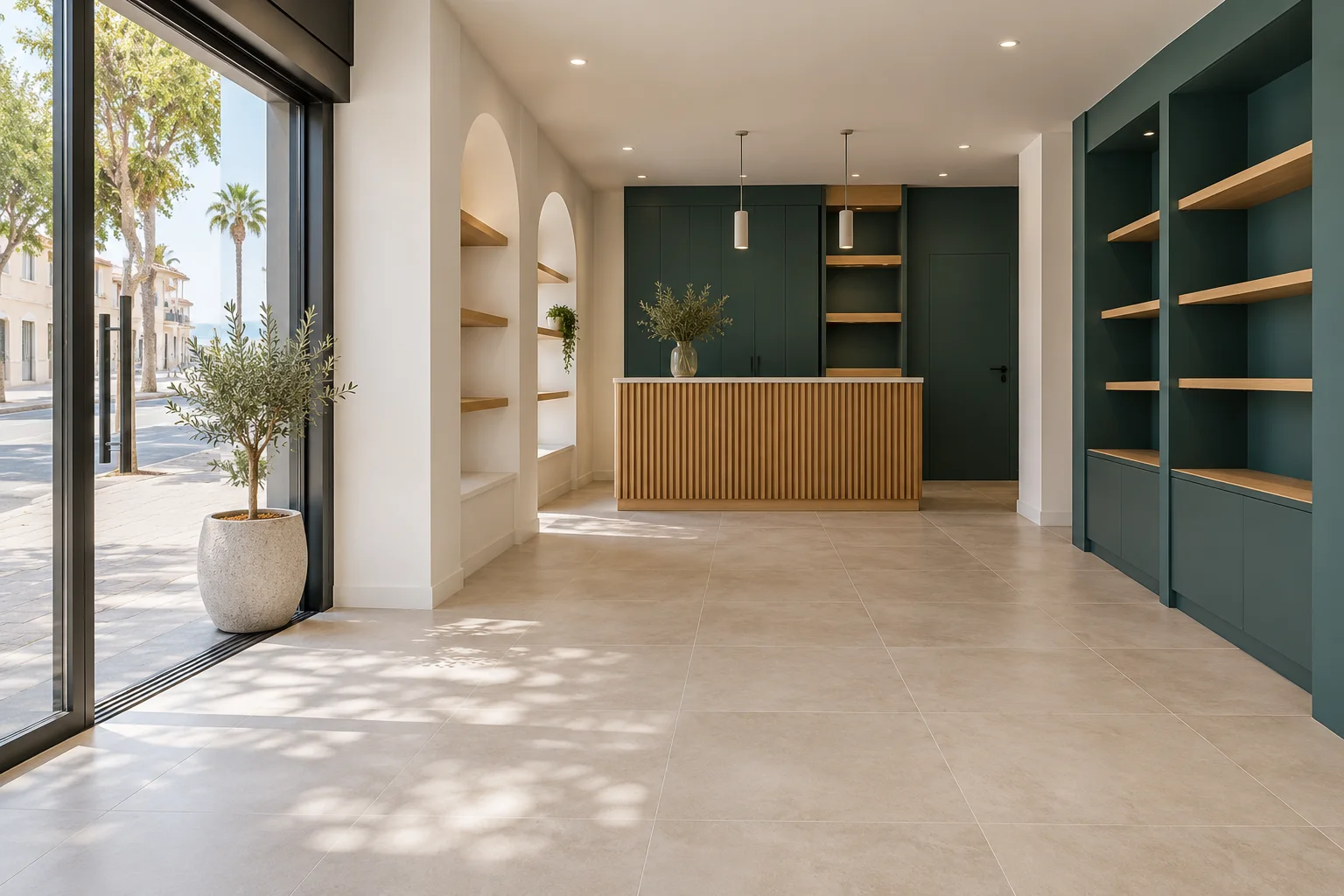 Interior de un local con mostrador de madera, muebles verde petróleo y pavimento claro. Imagen de inspiración generada con IA.